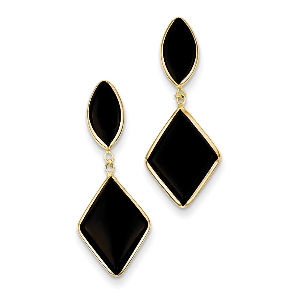 Million Charms 14k Yellow Gold Onyx Dangle Earrings, 32mm x 11mm
