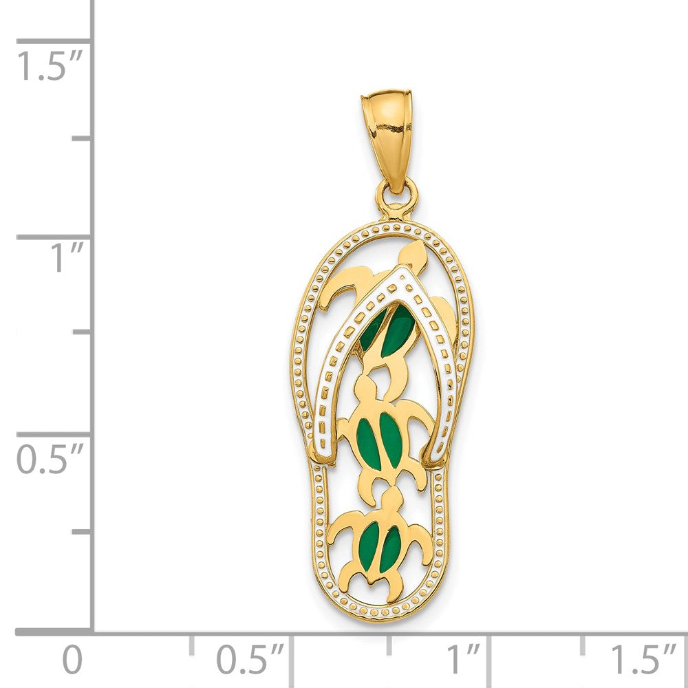 Million Charms 14K Yellow Gold Themed Enamel Cut-Out Flip Flop With Sea Turtles Pendant