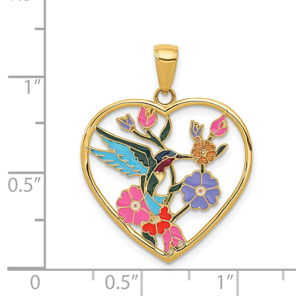 Million Charms 14K Yellow Gold Themed Enameled Hummingbird With Flowers Heart Pendant