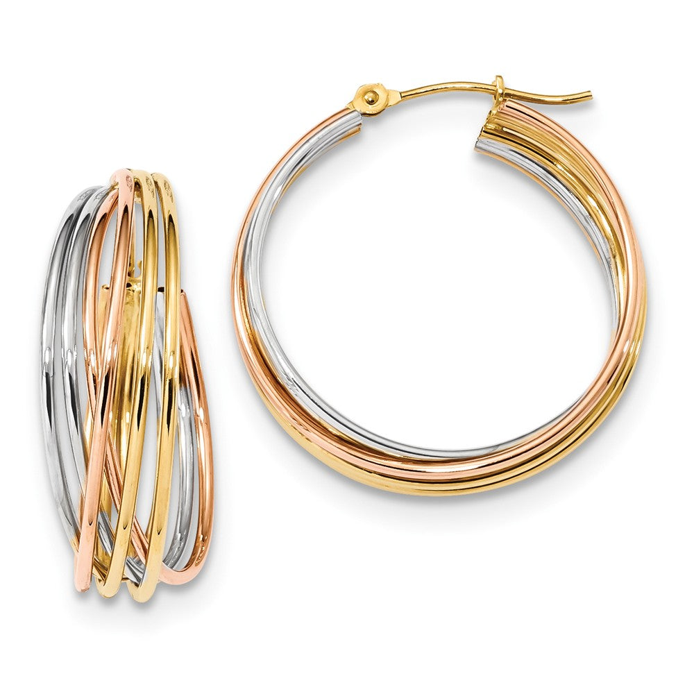 Million Charms 14k Tri-color Fancy Hollow Tube Hoops, 25.6mm x 25.1mm