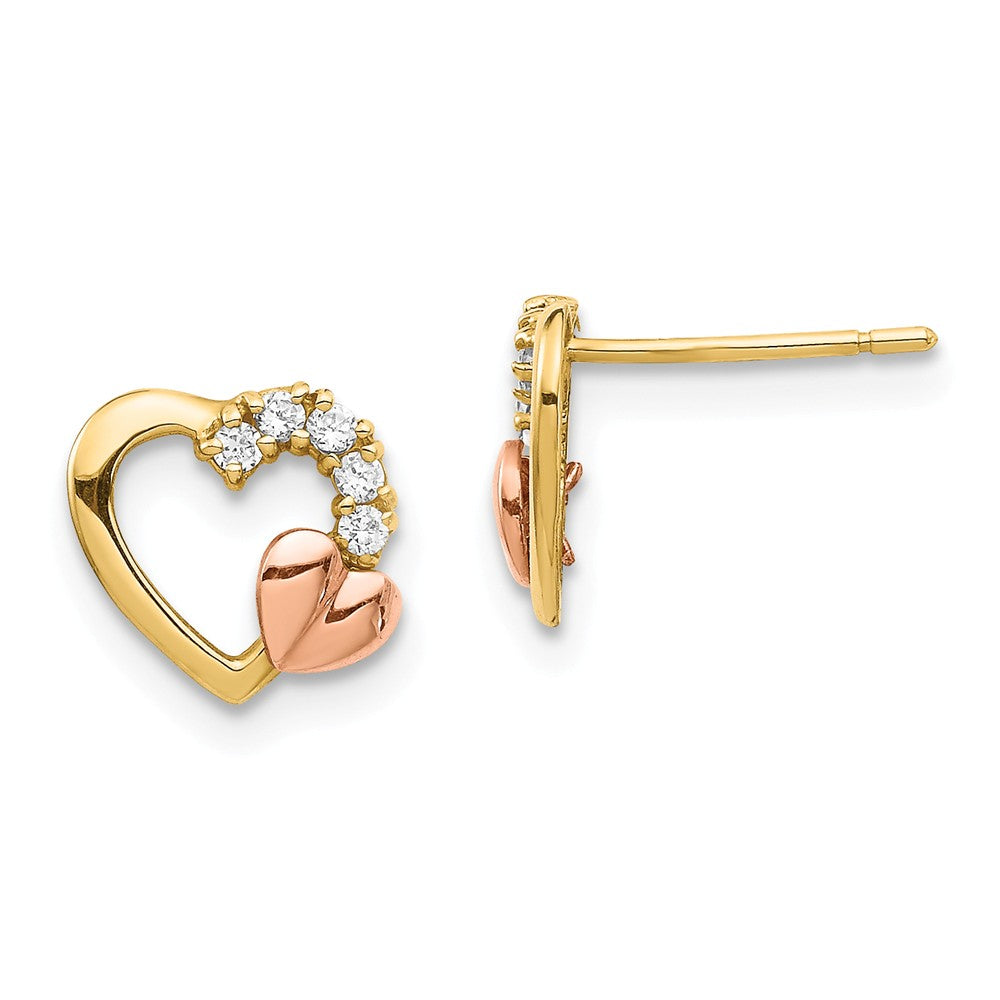 Million Charms 14K Two-Tone Cubic Zirconia ( CZ ) Heart Post Earrings,