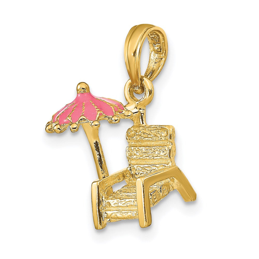 Million Charms 14K Yellow Gold Themed 3-D With Pink Enamel Beach Chair & Umbrella Charm