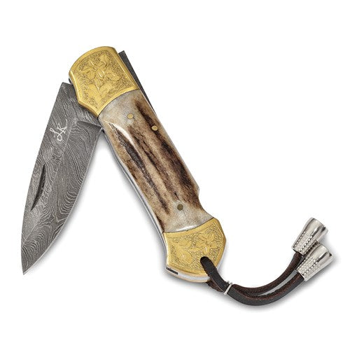 Damascus Steel 256 Layer Folding Blade Brass Guard Stag Horn Handle Knife