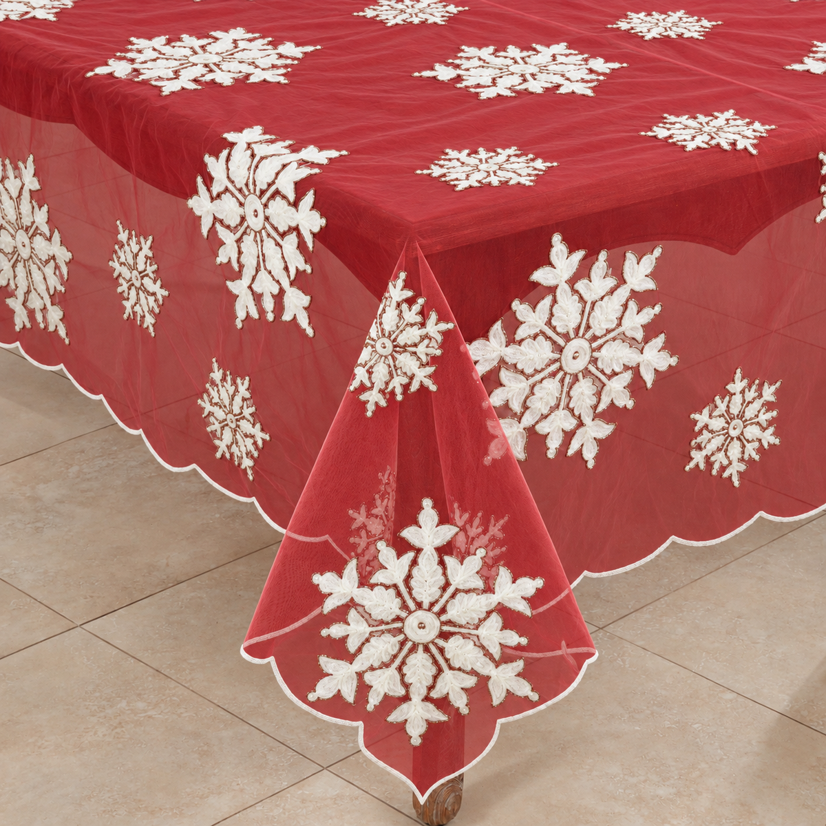 Red  Beaded + Embroidered Snowflake Topper  100% polyester