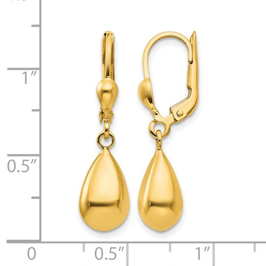 Million Charms 10k Yellow Gold Polished Fancy Dangle Leverback Earrings, 29mm x 7mm