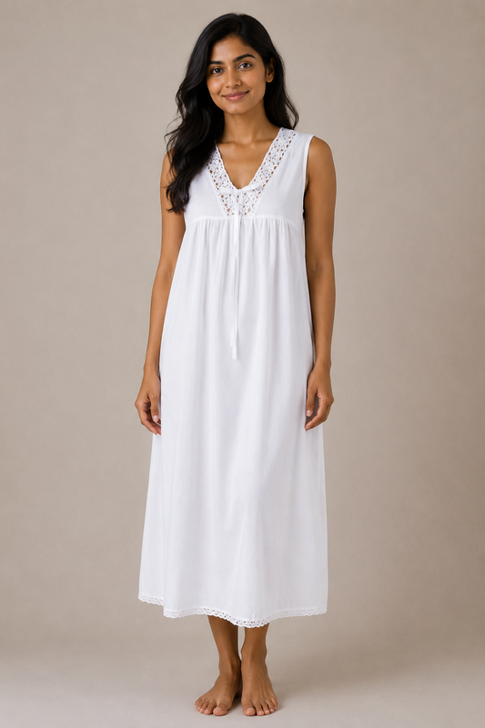 Taleen White 100% Cotton V-Neck Crochet-Style Lace Trim Wide Shoulder Strap Nightgown Nightdress