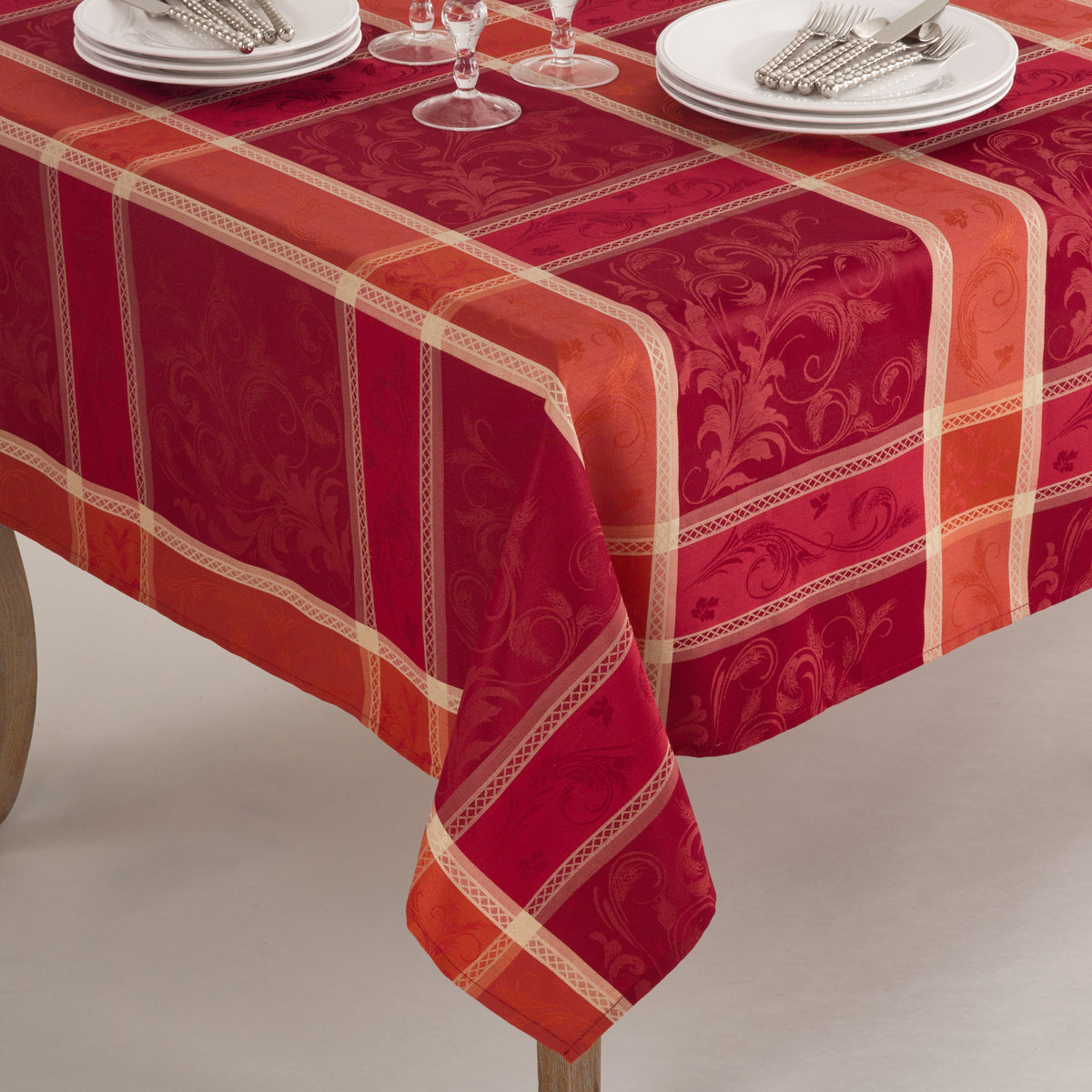 Red/Orange Multi Color Plaid Thanksgiving Transitional Christmas Dining Tablecloth, Easy Care Fabric