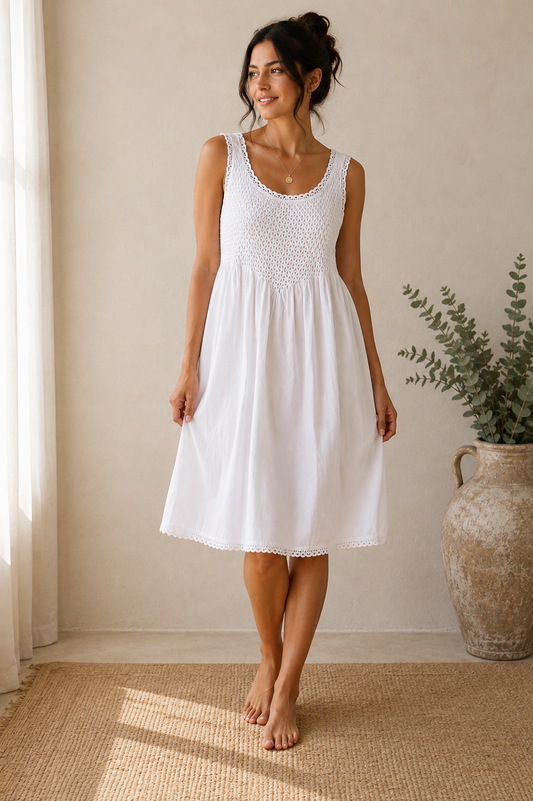 Taleen White 100% Cotton Sleeveless Smocked Nightgown Nightdress with Lace Trim