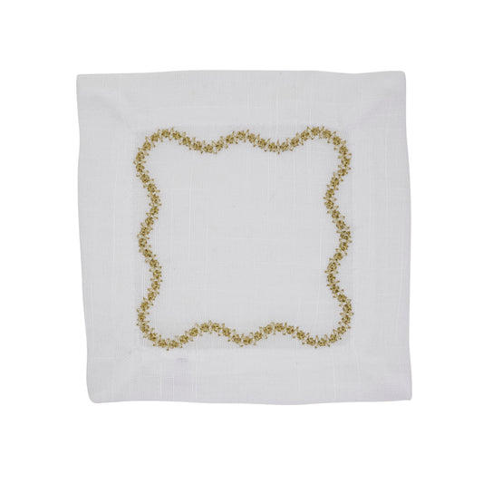 Gold Scalloped Embroidered Cocktail Napkins 100% polyester, 6 Inch Square (4 pcs.)
