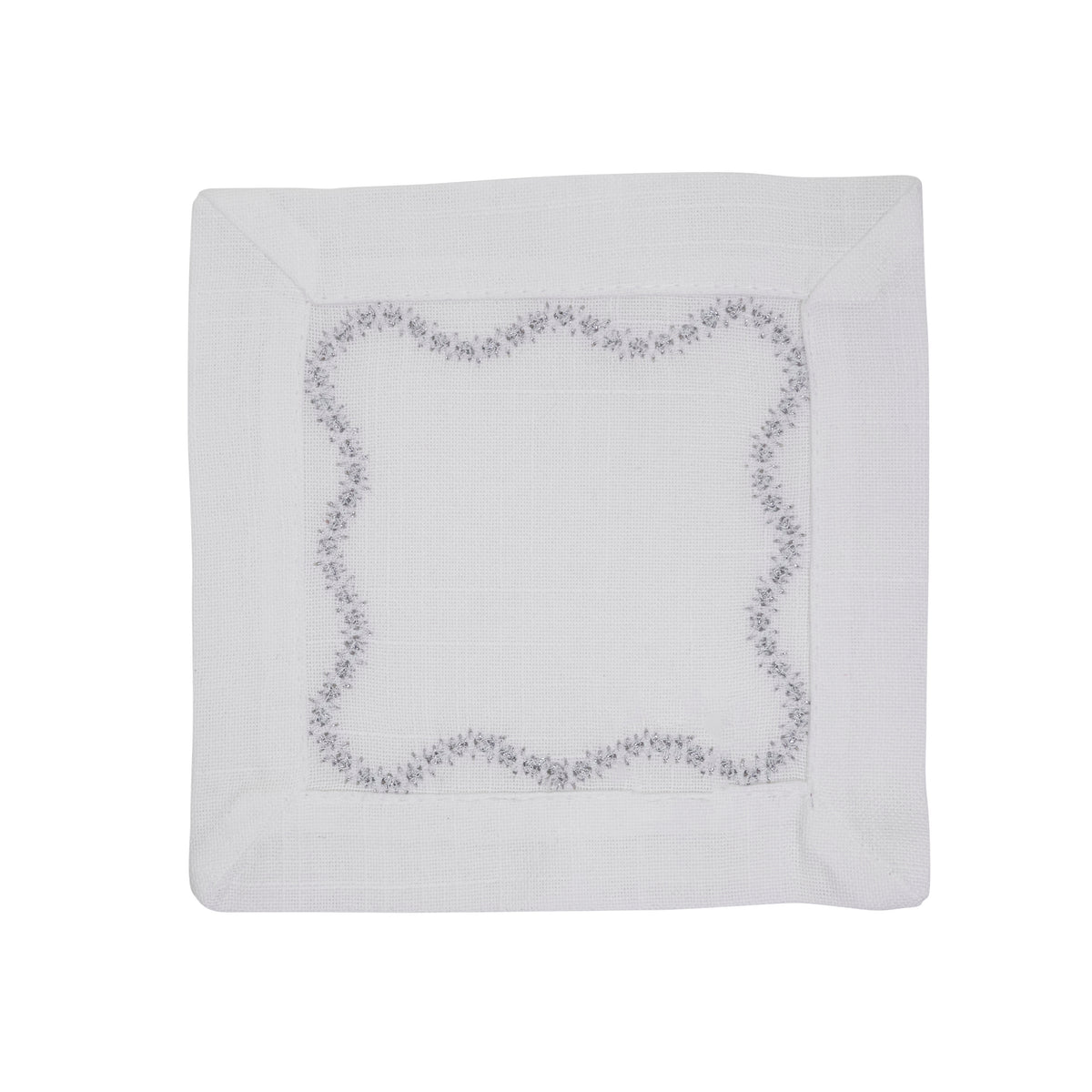 Silver Scalloped Embroidered Cocktail Napkins 100% polyester, 6 Inch Square (4 pcs.)