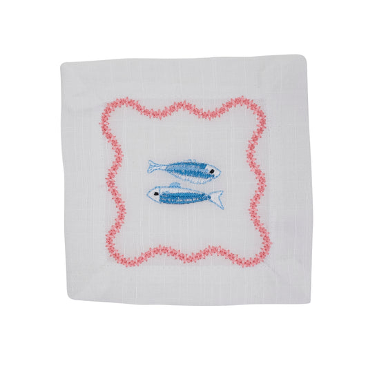 White Embroidered Sardines Cocktail Napkins 100% polyester, 6 Inch Square (4 pcs.)