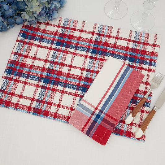 Red/White/Blue Plaid 13"x19" Placemat & 20" Napkins 100% cotton, 4 Place Setings (8 pcs)