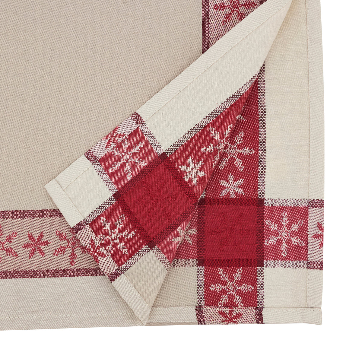 Red/Tan Jacquard Reindeer Christmas Tree Boarder Print Holiday Christmas Tablecloth, 53% polyester - 47% cotton