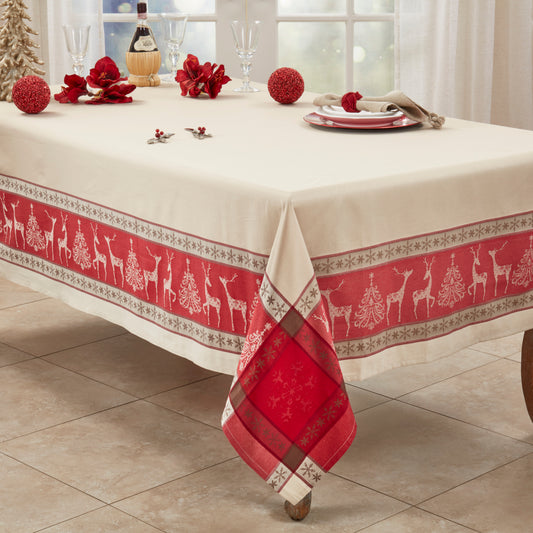 Red/Tan Jacquard Reindeer Christmas Tree Boarder Print Holiday Christmas Tablecloth, 53% polyester - 47% cotton