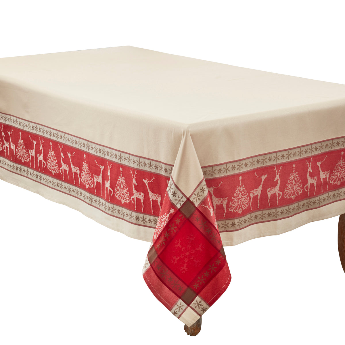 Red/Tan Jacquard Reindeer Christmas Tree Boarder Print Holiday Christmas Tablecloth, 53% polyester - 47% cotton