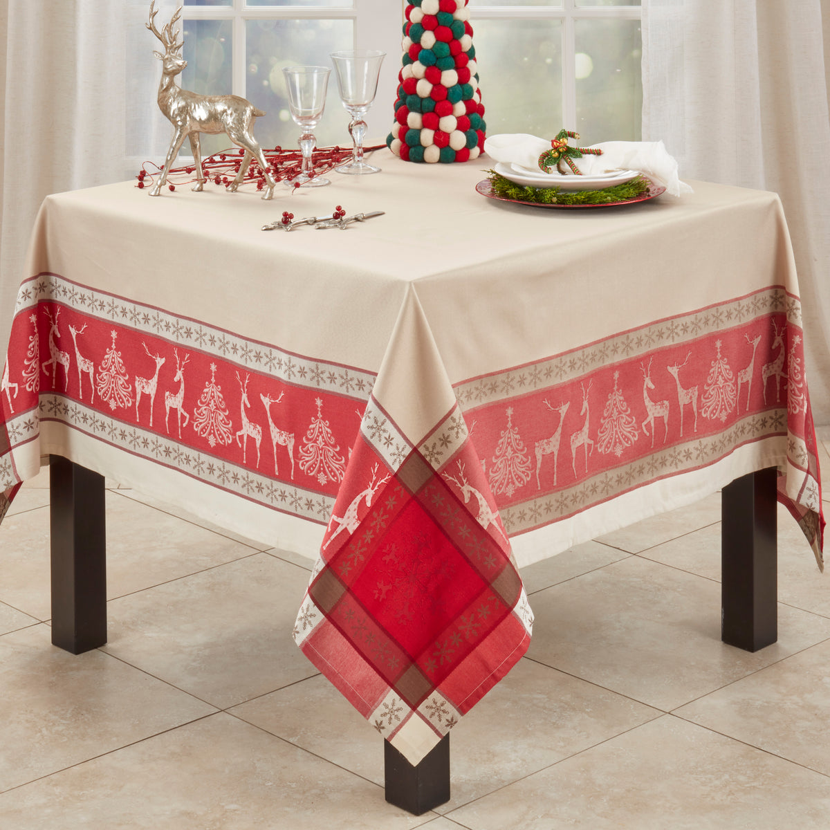 Red/Tan Jacquard Reindeer Christmas Tree Boarder Print Holiday Christmas Tablecloth, 53% polyester - 47% cotton