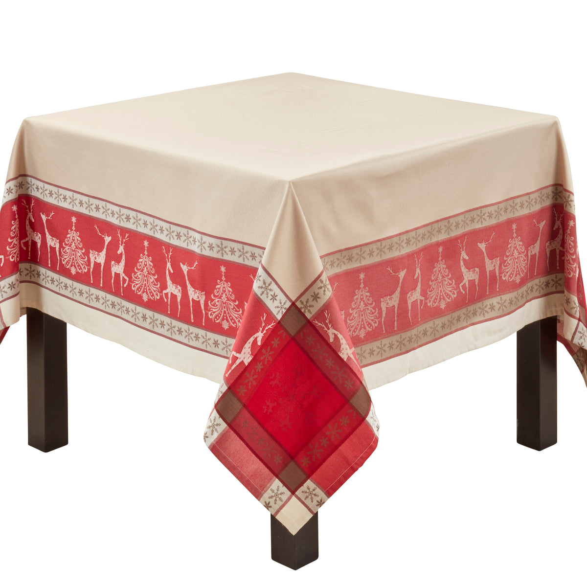 Red/Tan Jacquard Reindeer Christmas Tree Boarder Print Holiday Christmas Tablecloth, 53% polyester - 47% cotton