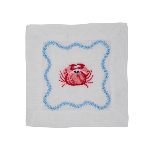 White Embroidered Crab Cocktail Napkins 100% polyester, 6 Inch Square (4 pcs.)