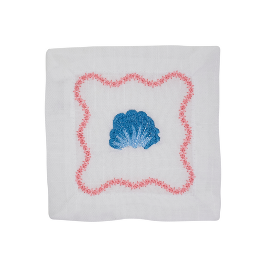 White Embroidered Seashell Cocktail Napkins 100% polyester, 6 Inch Square (4 pcs.)