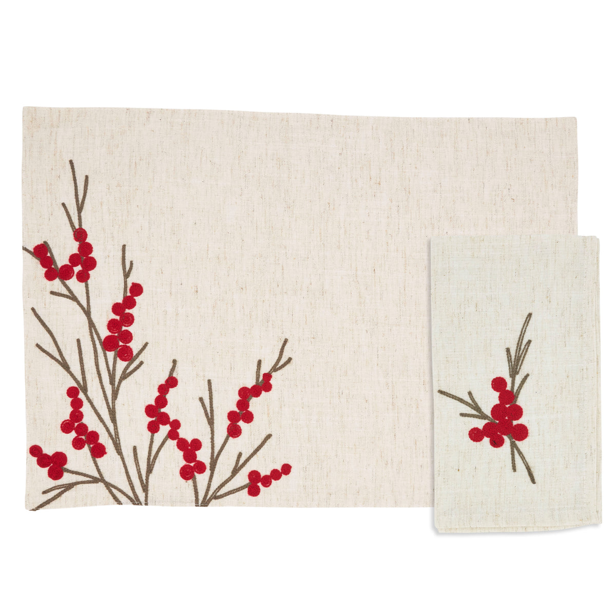 Natural Embrd Berry 14"x20" Placemat & 20" Napkins 80% polyester - 20% linen, 4 Place Setings (8 pcs)
