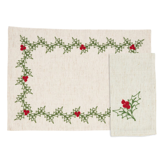 Natural Embrd Holly 14"x20" Placemat & 20" Napkins 80% polyester - 20% linen, 4 Place Setings (8 pcs)