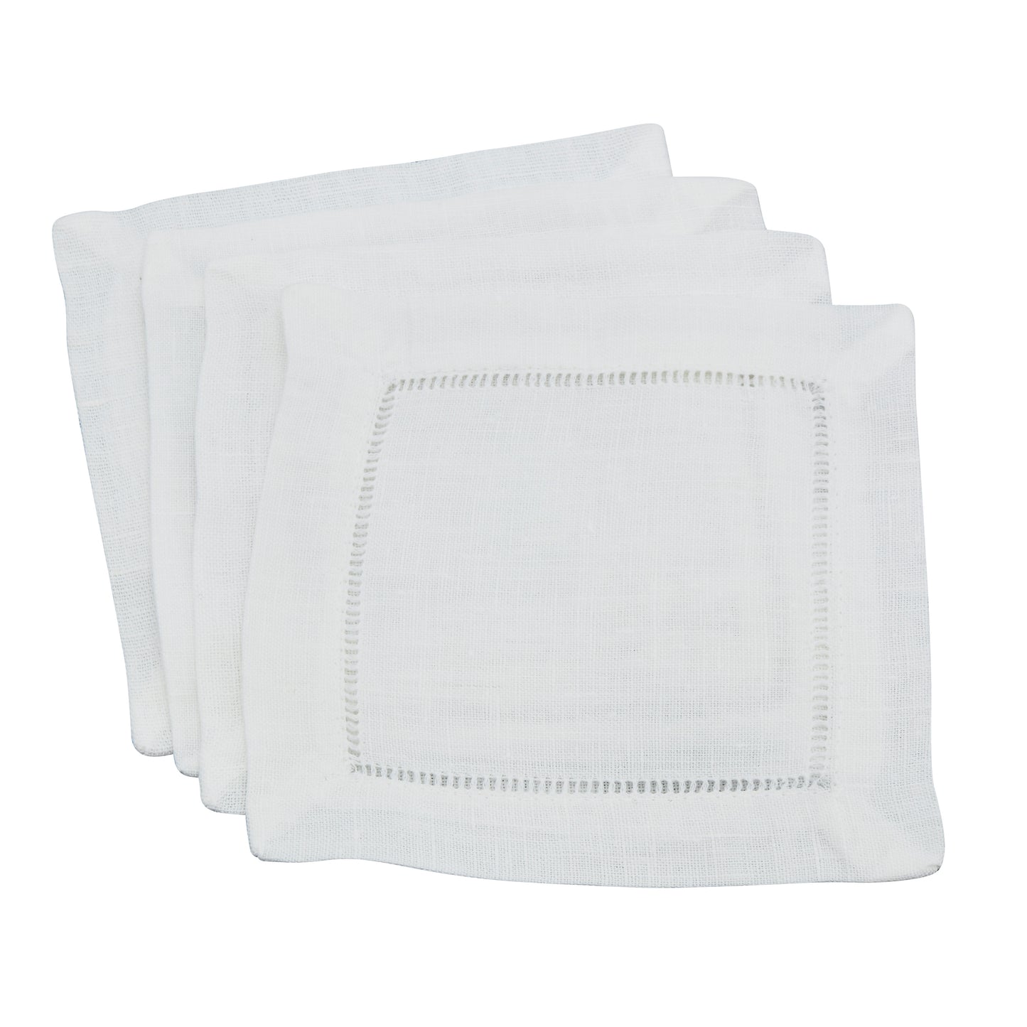 White Classic Linen Hemstitch Napkins Coasters 100% linen, 6 Inch Square (4 pcs.)