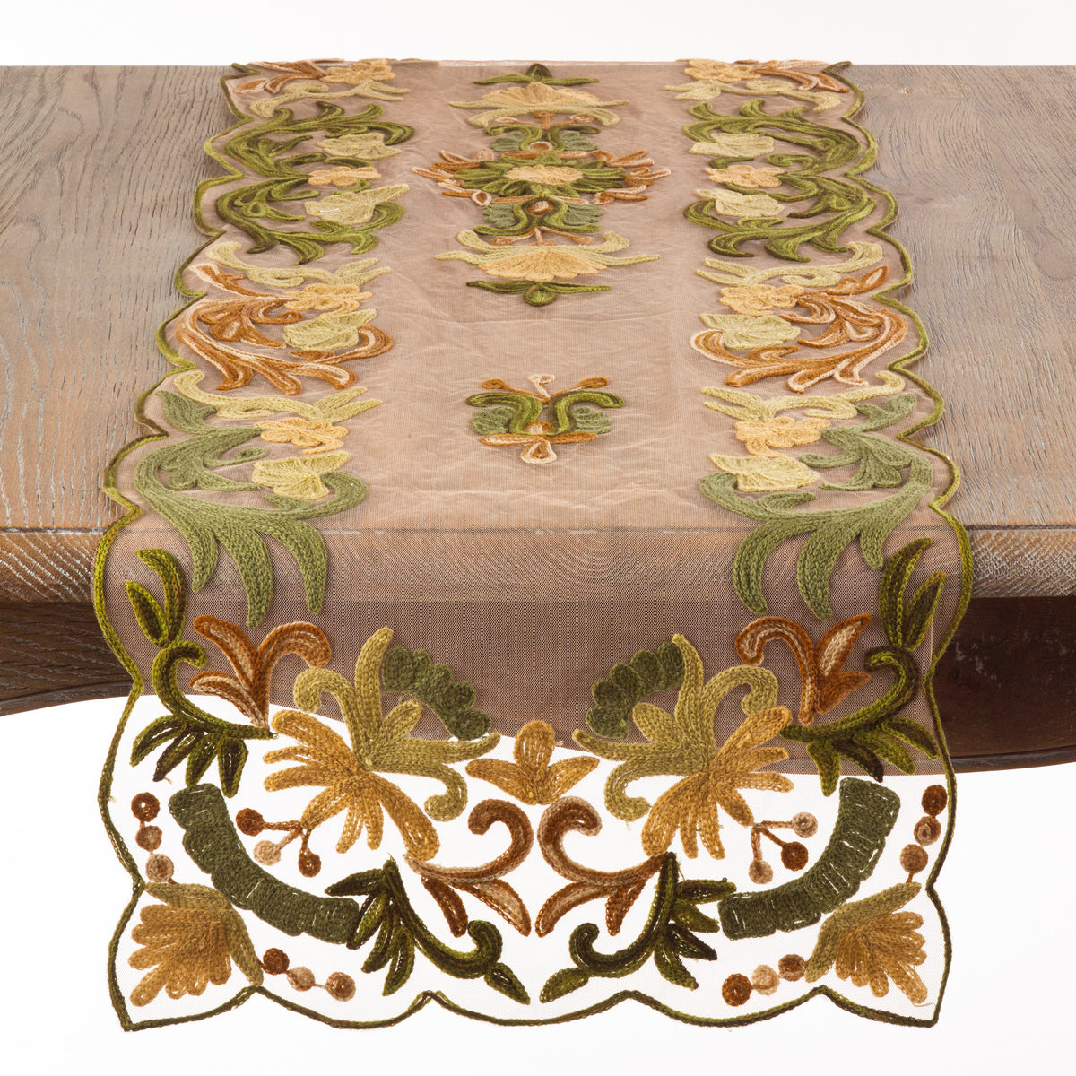 Everyday / All Season Green Embroidered Table Runner, 100% Polyester
