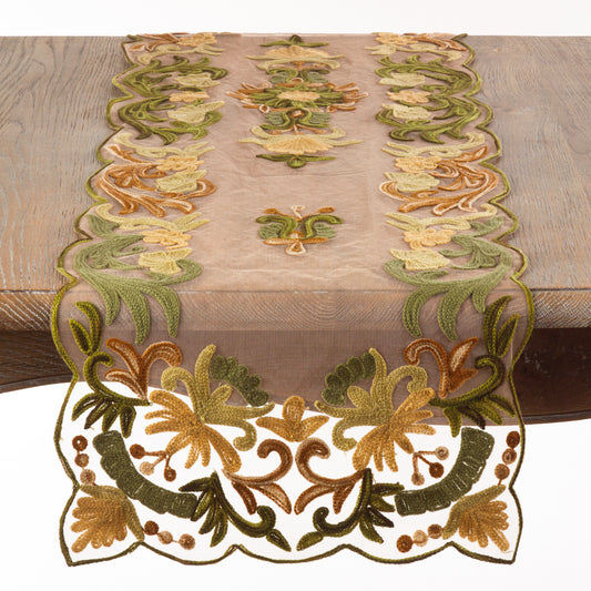 Everyday / All Season Green Embroidered Table Runner, 100% Polyester