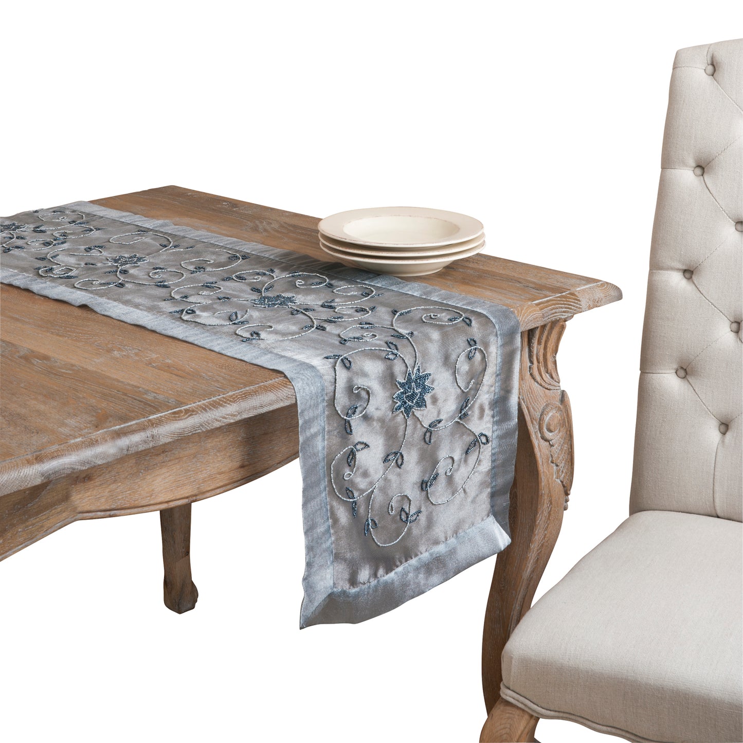 Everyday / All Season Silver Handmade Beaded Table Runner, 45% metallic, 32% polyester, 23% nylon