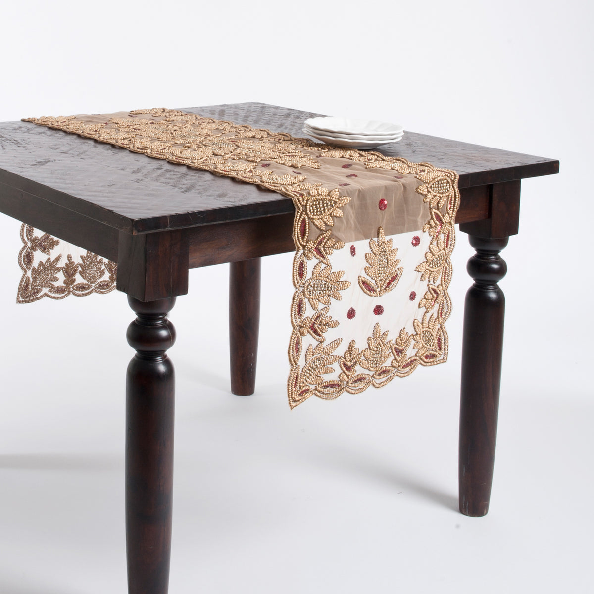 Everyday / All Season Burgundy Hand Beaded Design Table Runner, 100% polyester