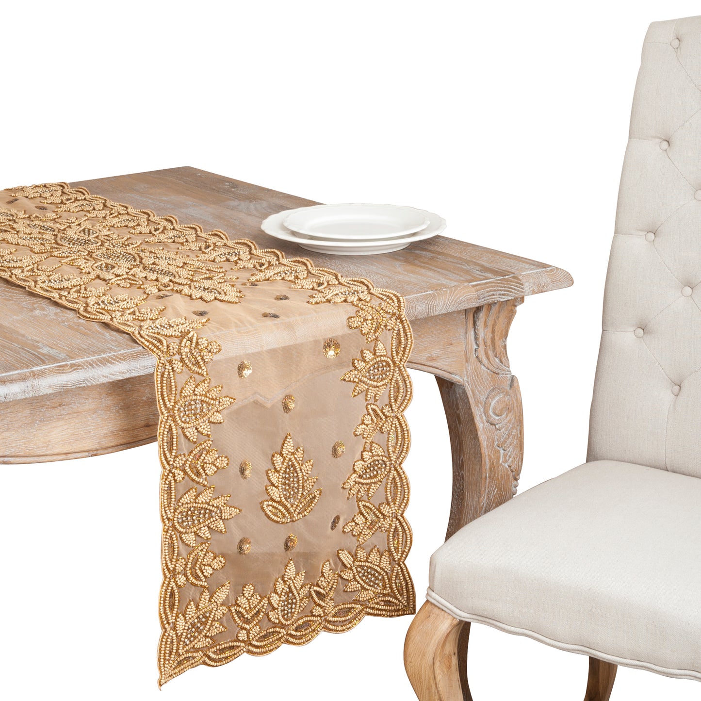 Everyday / All Season Gold Hand Beaded Design Table Runner, 100% polyester