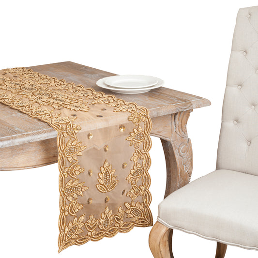 Everyday / All Season Gold Hand Beaded Design Table Runner, 100% polyester