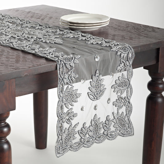 Everyday / All Season Pewter Hand Beaded Design Table Runner, 100% polyester