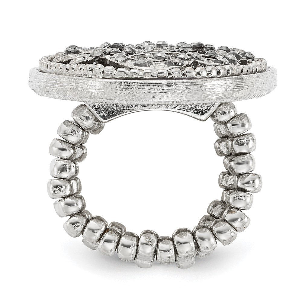 1928 Silver-tone Black Enamel and Black Crystal Vintage Vine Pattern Stretch Ring