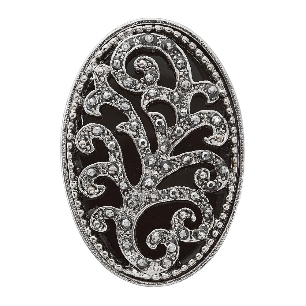 1928 Silver-tone Black Enamel and Black Crystal Vintage Vine Pattern Stretch Ring