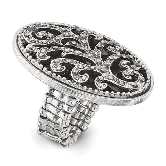 1928 Silver-tone Black Enamel and Black Crystal Vintage Vine Pattern Stretch Ring