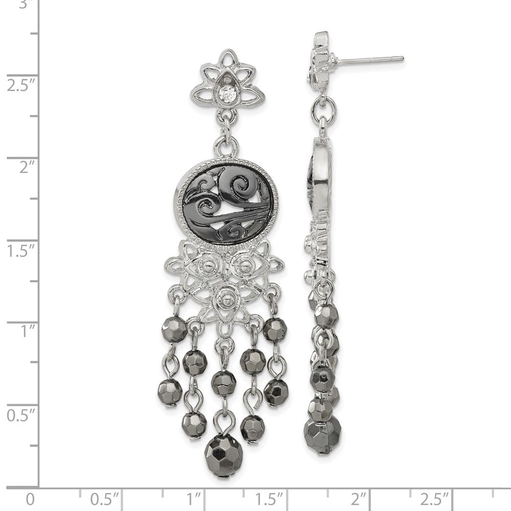 1928 Jewelry Silver-tone & Black-plated Filigree Clear and Hematite Faceted Acrylic Beads Long Dangle Post Earrings