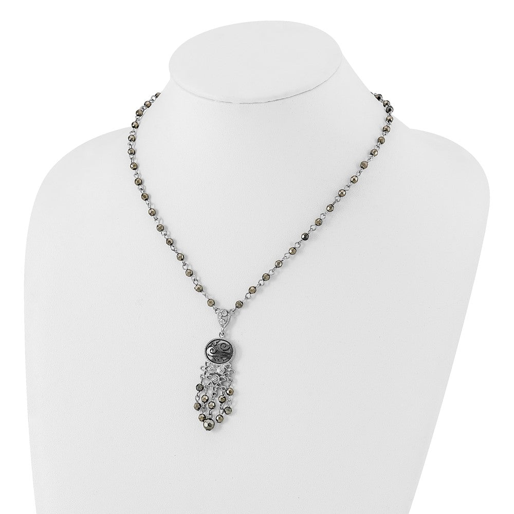 1928 Jewelry Silver-tone and Black-plated Filigree Clear and Hematite Faceted Acrylic Beads 16 inch Necklace with 3 inch extension