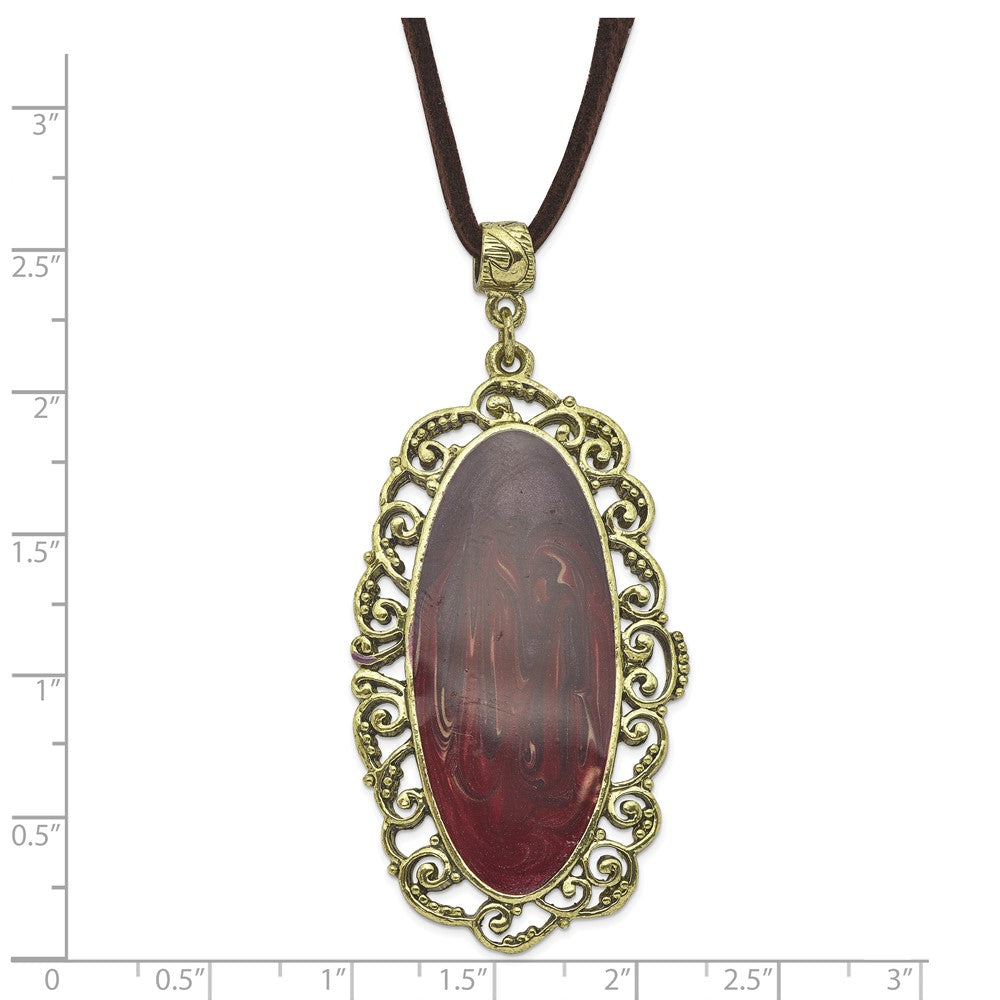 1928 Jewelry Brass-tone Ornate Frame Purple Enamel Oval 30 inch Faux Suede Cord Necklace