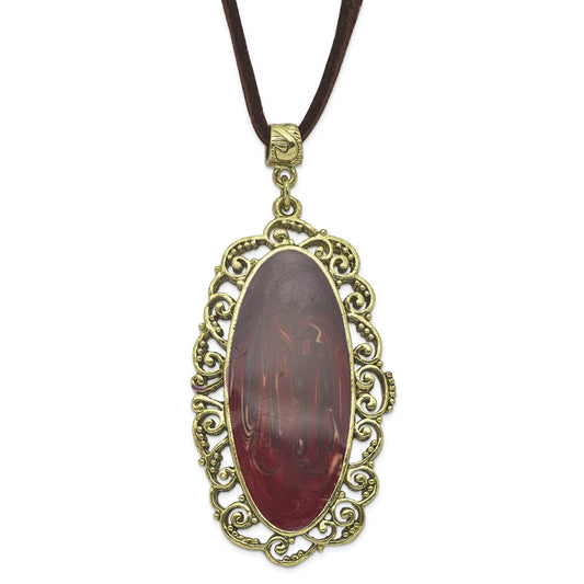 1928 Jewelry Brass-tone Ornate Frame Purple Enamel Oval 30 inch Faux Suede Cord Necklace