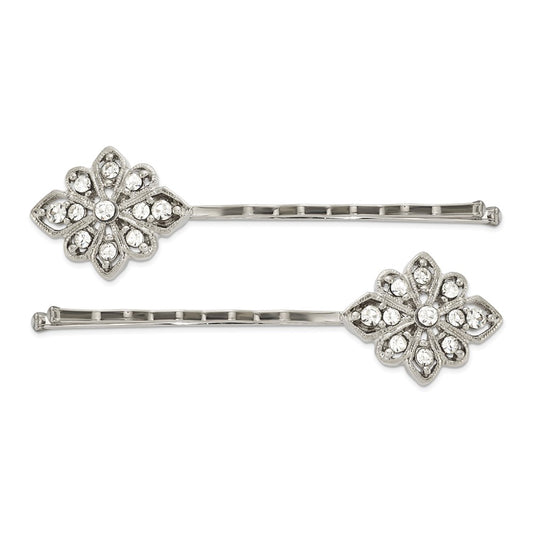 1928 Jewelry Set of 2 Silver-tone Filigree Clear Crystal Hairpins