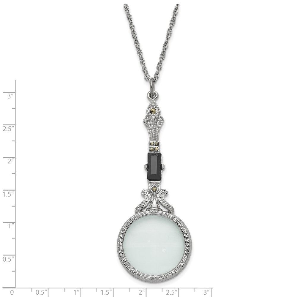 1928 Jewelry Silver-tone Black Glass Stone and Marcasite Vintage Handle 4-5X Magnifying Glass 28 inch Necklace