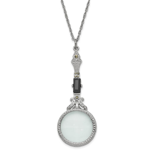 1928 Jewelry Silver-tone Black Glass Stone and Marcasite Vintage Handle 4-5X Magnifying Glass 28 inch Necklace