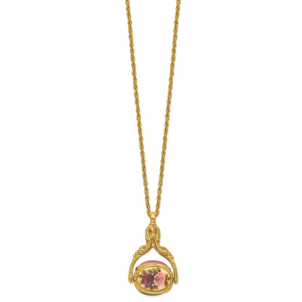 1928 Gold-tone 3-sided Spinner Glass and Flower 30in Necklace