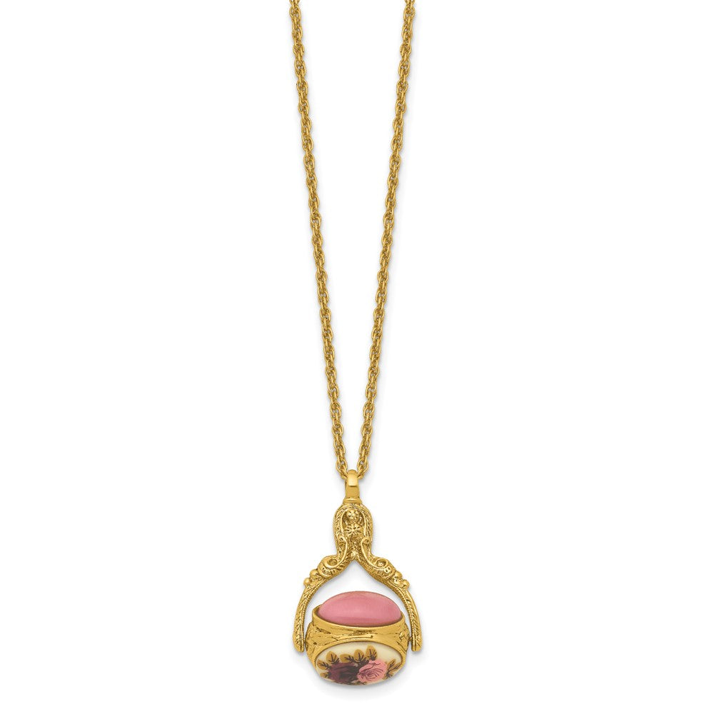 1928 Gold-tone 3-sided Spinner Glass and Flower 30in Necklace