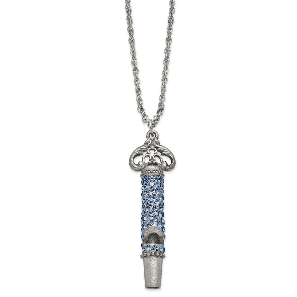 1928 Pewter-tone 30in Light Blue Crystal Functional Whistle Necklace