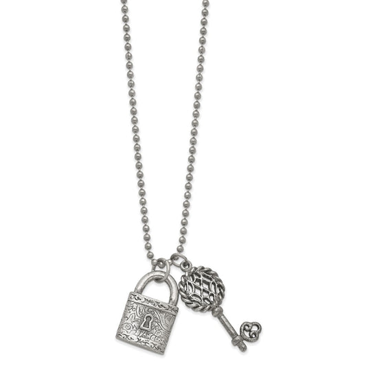 1928 Jewelry Silver-tone Filigree Pattern Lock and Fliigree Pattern Key Pendants 23.5 inch Necklace