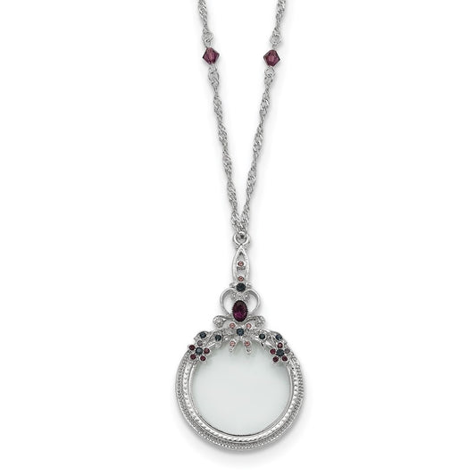 1928 Jewelry Pewter-tone Blue and Purple Crystal 2X Magnifying Glass 30 inch Vintage Necklace
