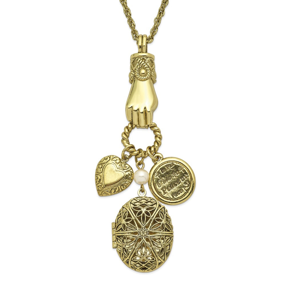 1928 Jewelry Brass-tone Hand Holding Oval 28mm Locket  and Polished Heart and Peace Charm 30 inch Necklace Holds 2 Photos