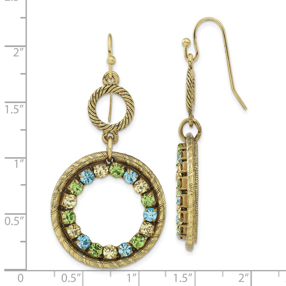 1928 Jewelry Brass-tone Textured Frame Blue Green and Light Colorado Crystal Double Circle Dangle Earrings